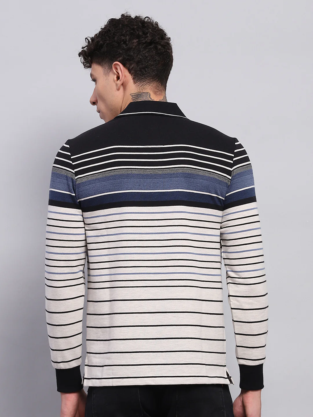 Men Black & White Stripe Collar Full Sleeve Winter T-Shirt - Image 5