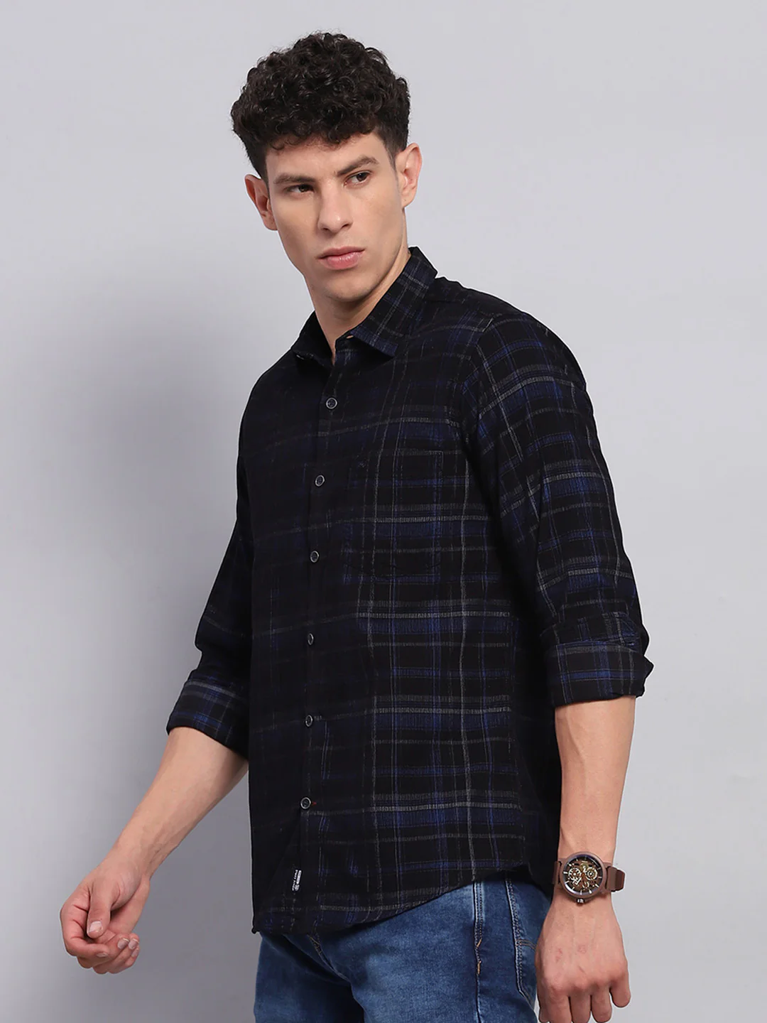 Men Blue & Black Check Collar Full Sleeve Shirt - Image 3