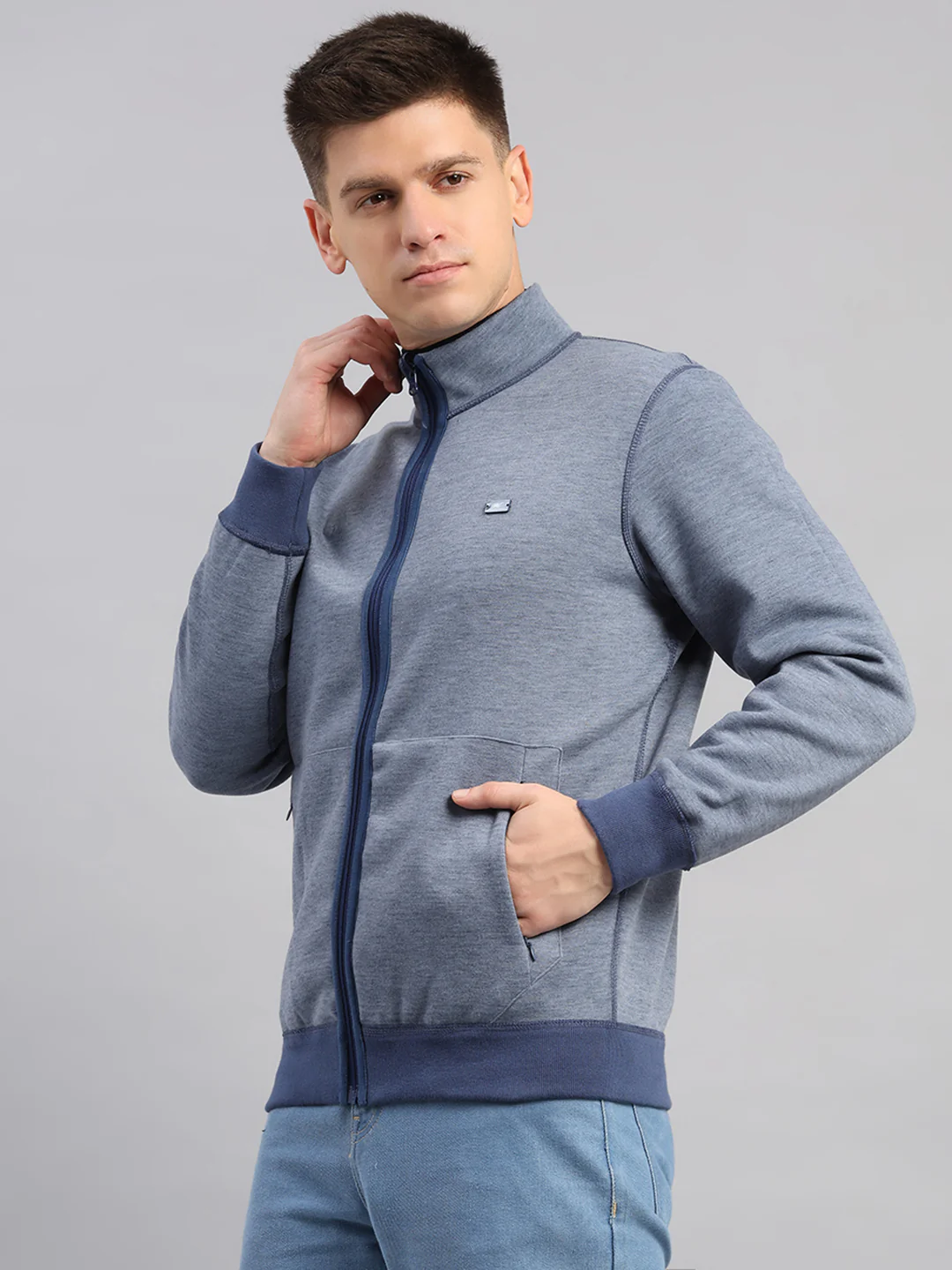 Men Blue Check Collar Full Sleeve Reversible Sweatshirt - Image 7