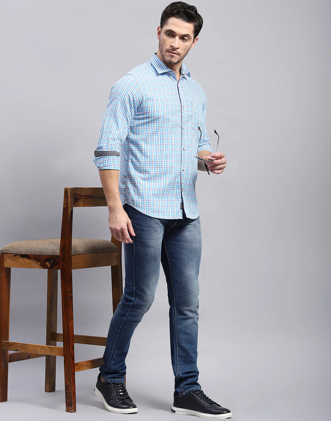 Men Blue Check Collar Full Sleeve Shirt - Image 2