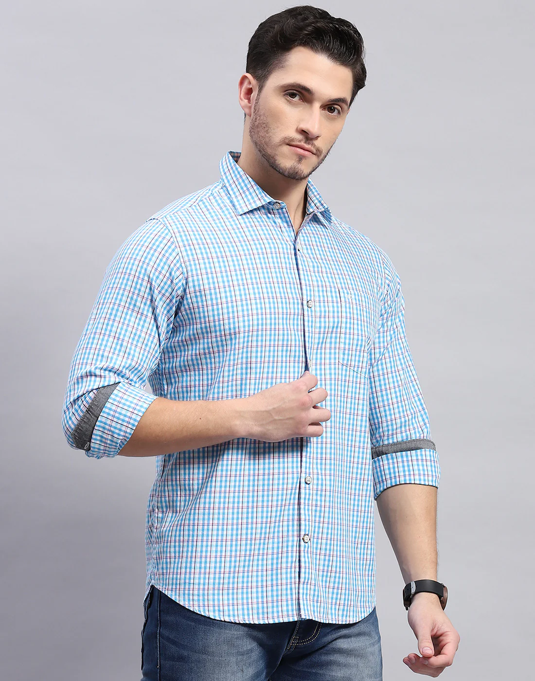 Men Blue Check Collar Full Sleeve Shirt - Image 4