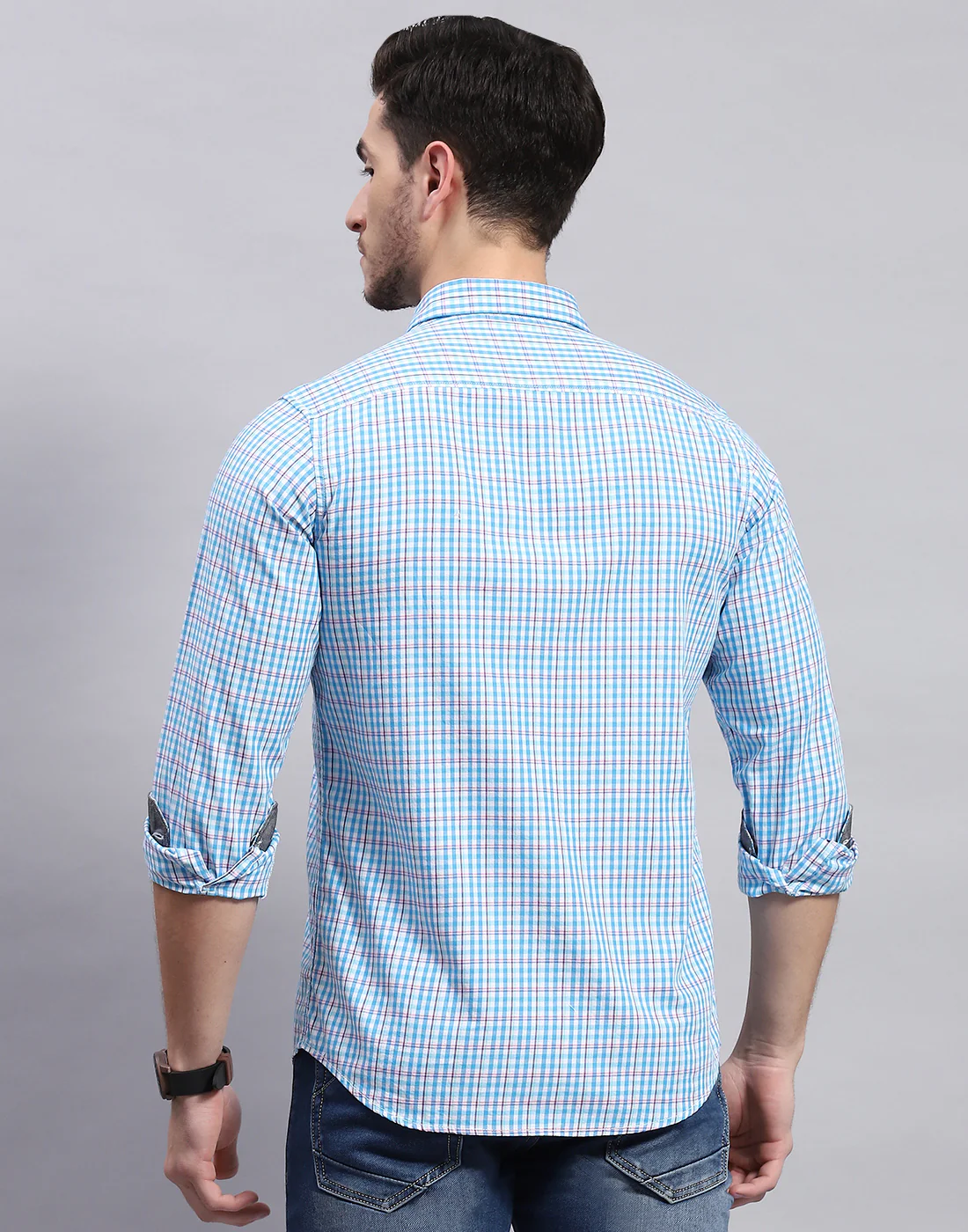 Men Blue Check Collar Full Sleeve Shirt - Image 5