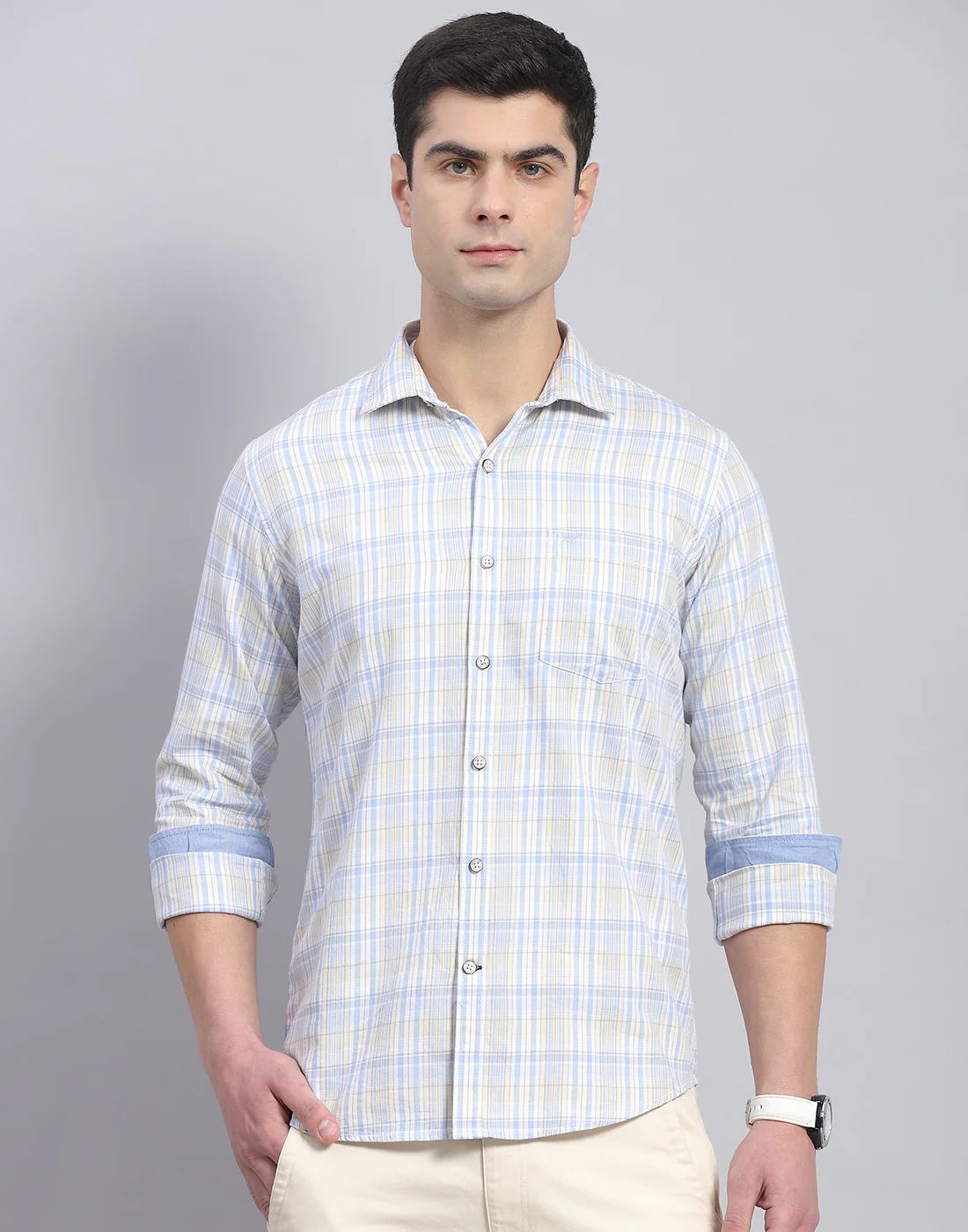 Men Blue Check Collar Full Sleeve Shirt - Image 3