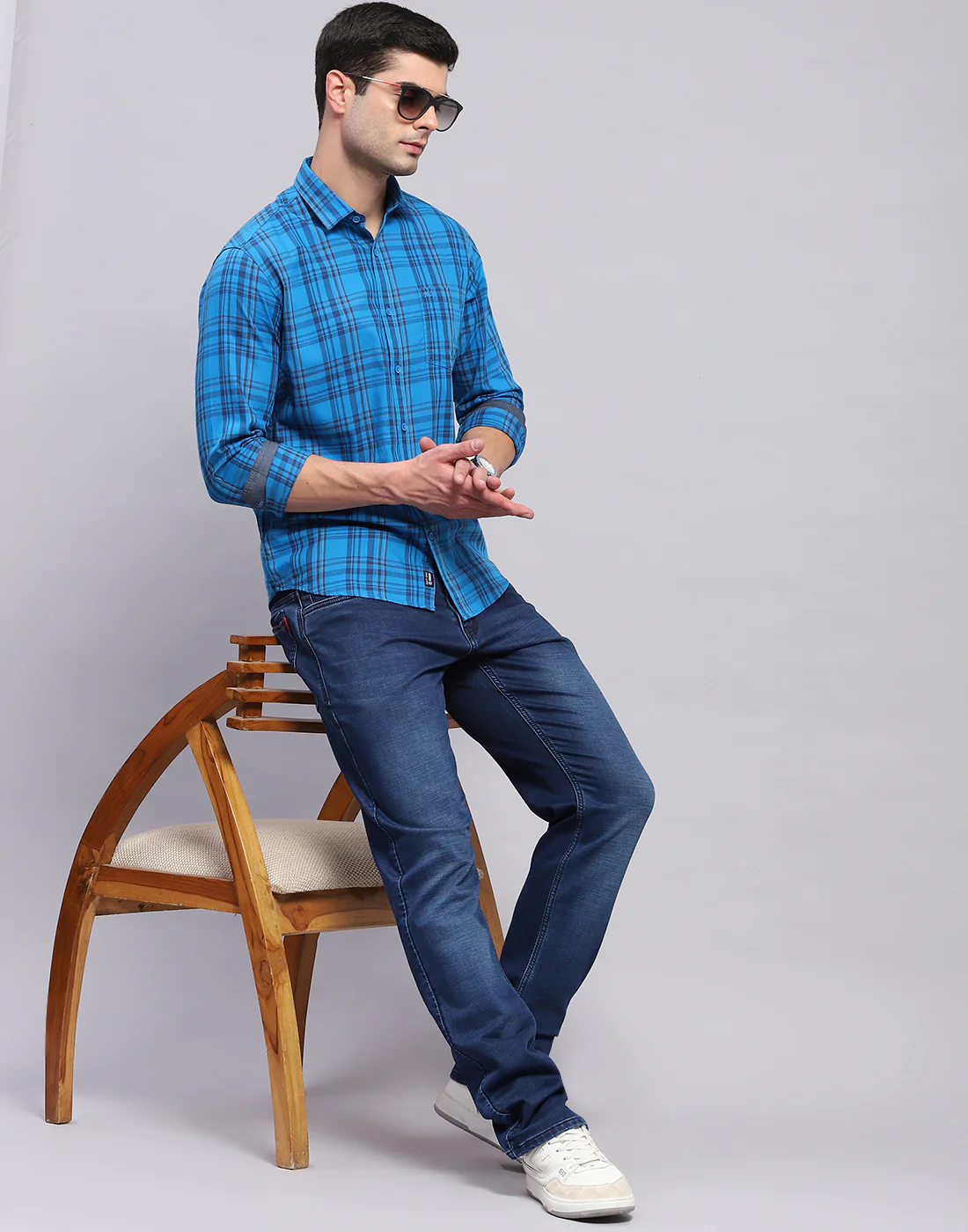 Men Blue Check Collar Full Sleeve Shirt - Image 2