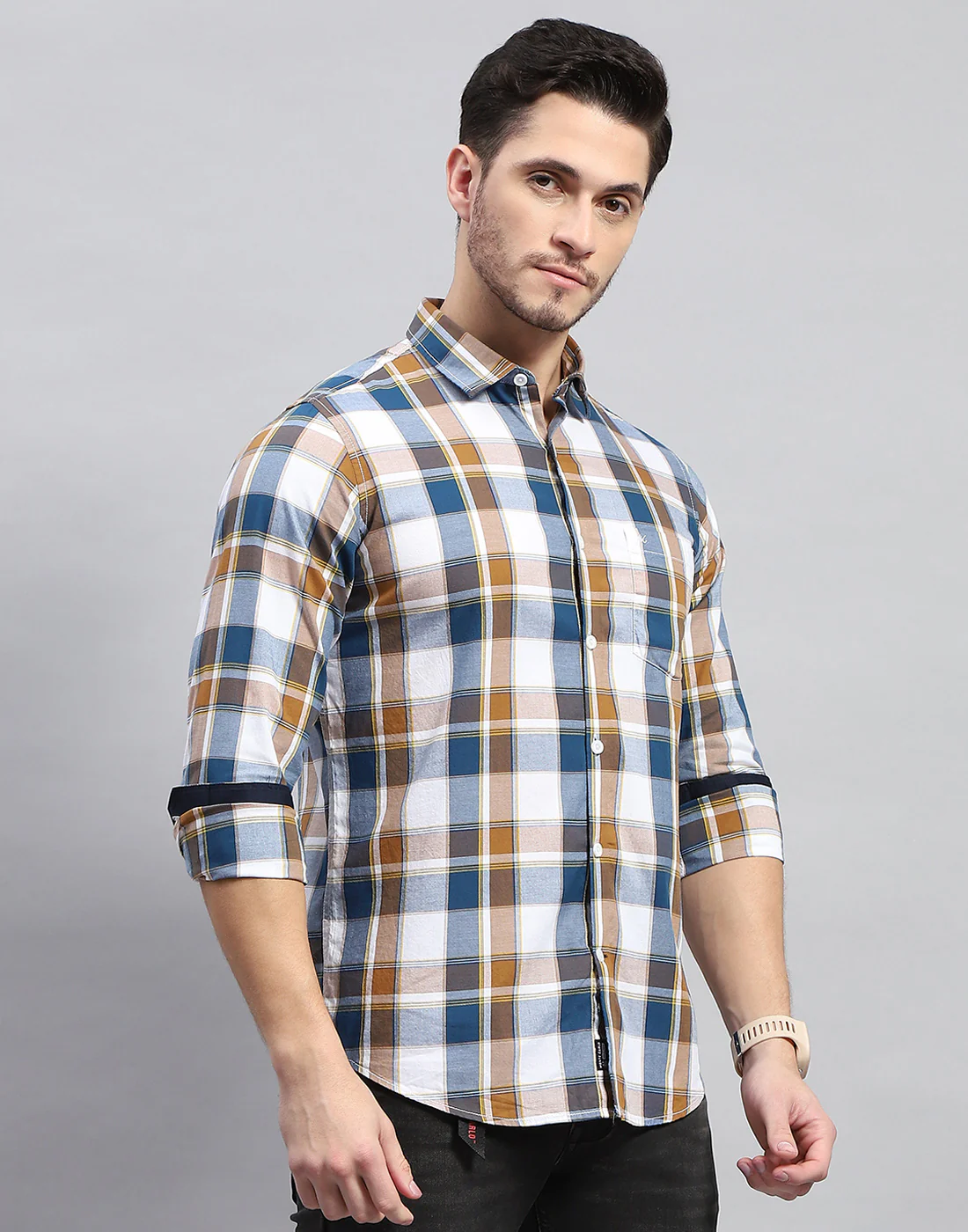 Men Blue Check Collar Full Sleeve Shirt - Image 4