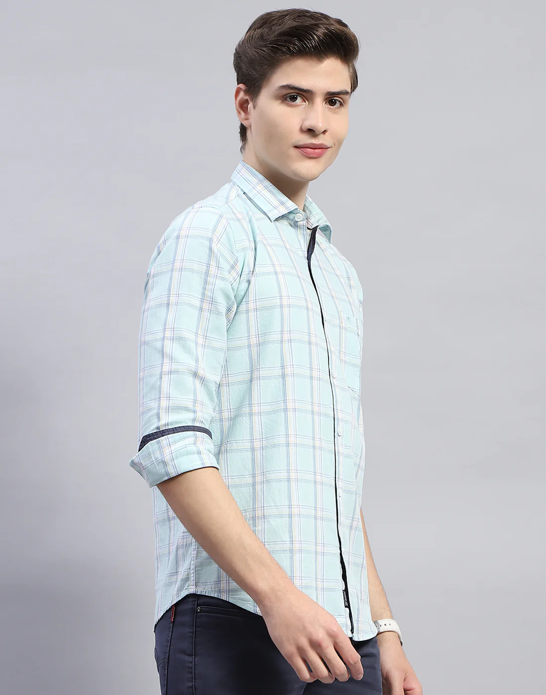 Men Blue Check Collar Full Sleeve Shirt - Image 5