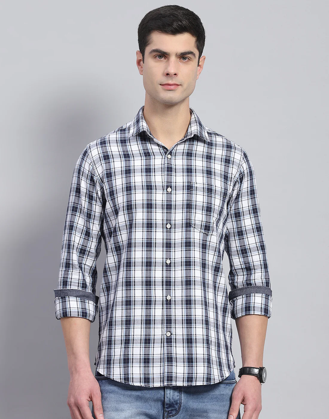 Men Blue Check Collar Full Sleeve Shirt - Image 3