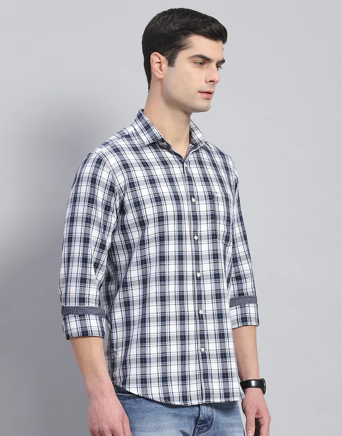 Men Blue Check Collar Full Sleeve Shirt - Image 5
