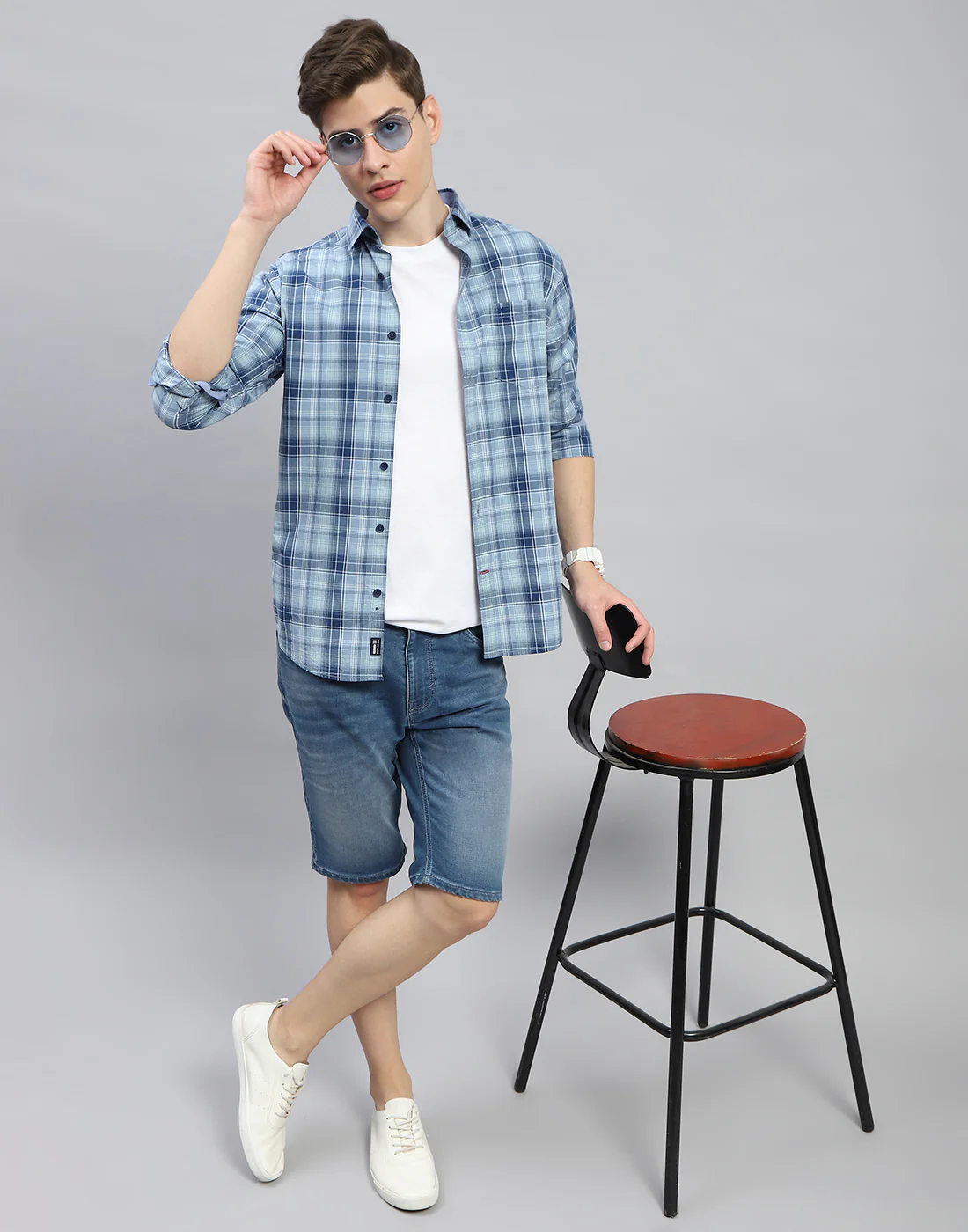Men Blue Check Collar Full Sleeve Shirt - Image 2