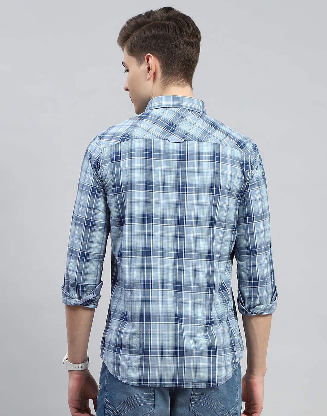 Men Blue Check Collar Full Sleeve Shirt - Image 5