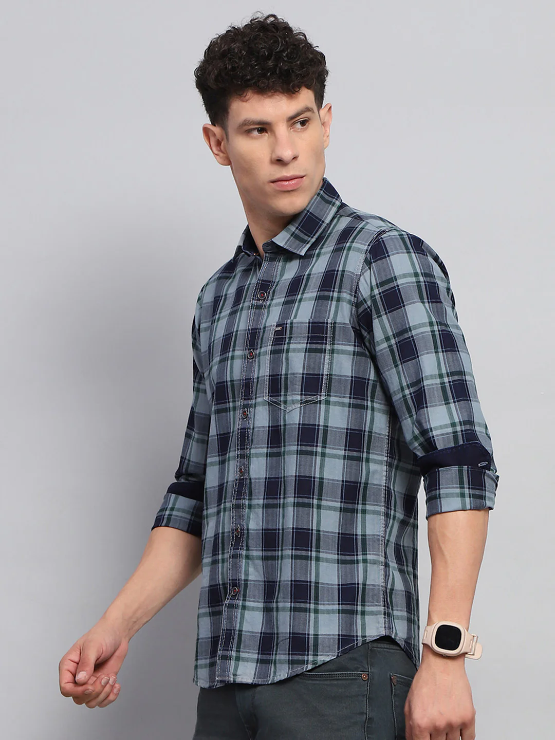 Men Blue Check Collar Full Sleeve Shirt - Image 3