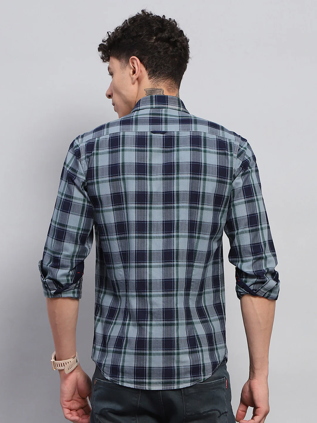 Men Blue Check Collar Full Sleeve Shirt - Image 5