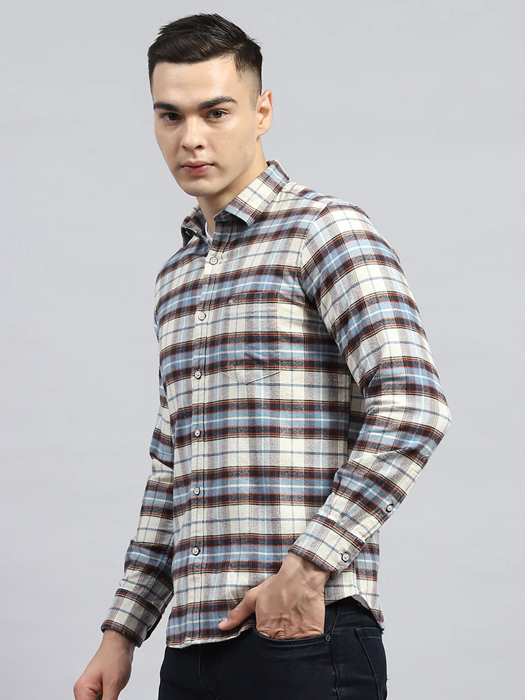 Men Blue Check Collar Full Sleeve Shirt - Image 3