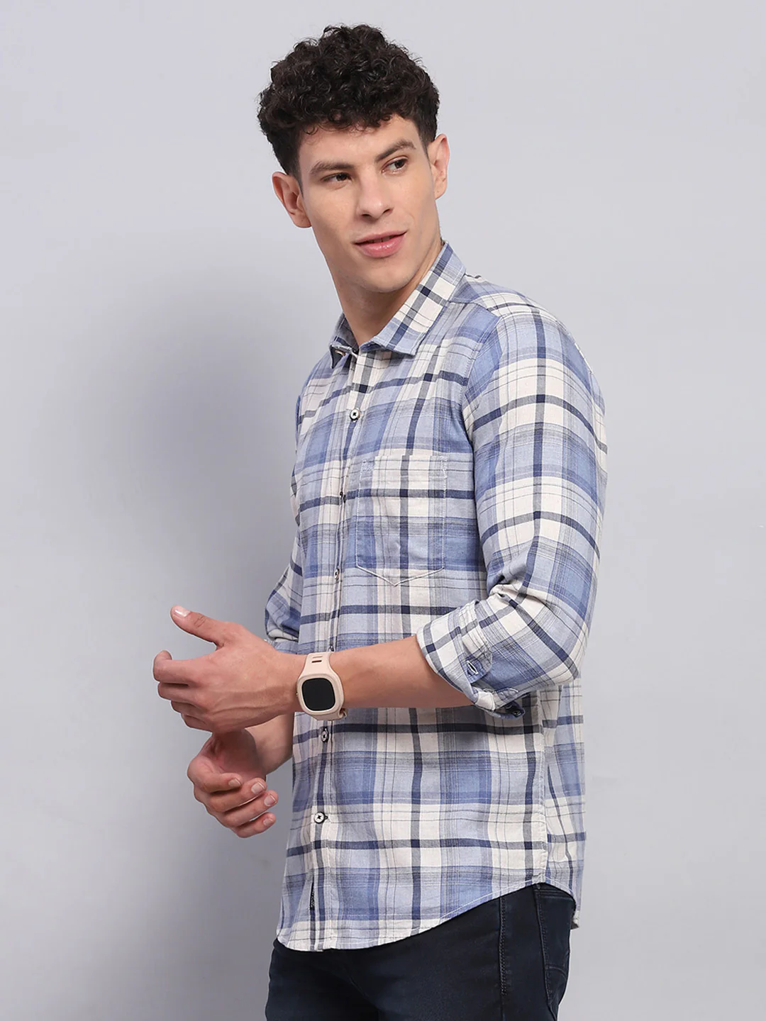 Men Blue Check Collar Full Sleeve Shirt - Image 3