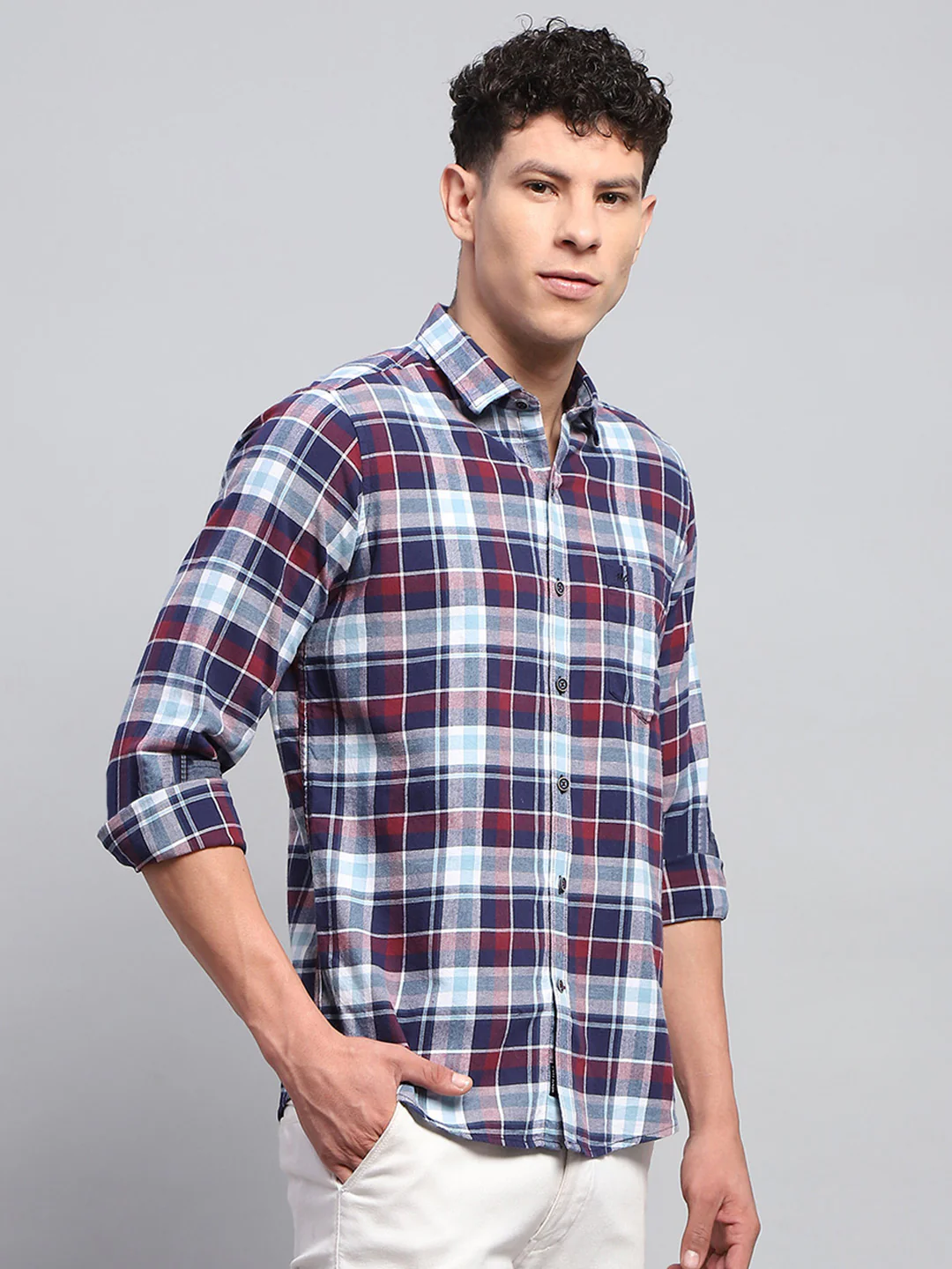 Men Blue Check Collar Full Sleeve Shirt - Image 4