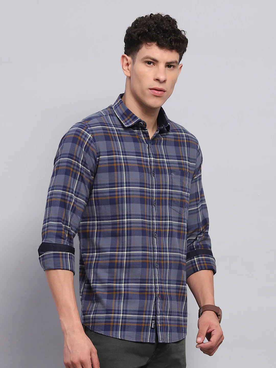 Men Blue Check Collar Full Sleeve Shirt - Image 4
