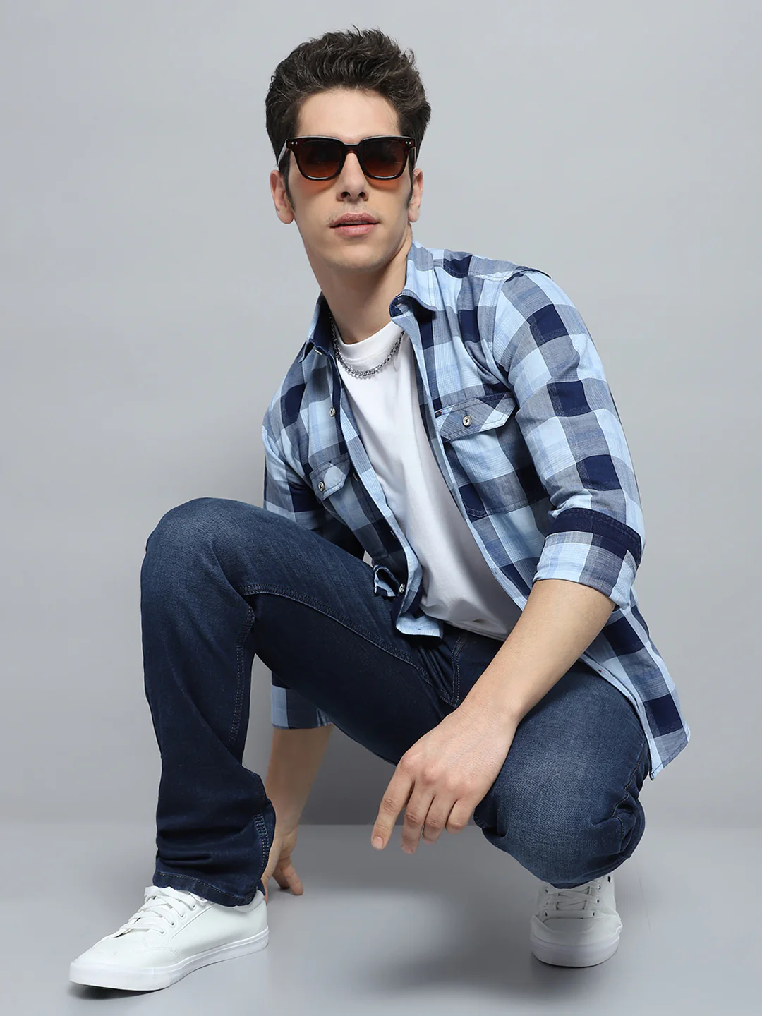 Men Blue Check Collar Full Sleeve Shirt - Image 2