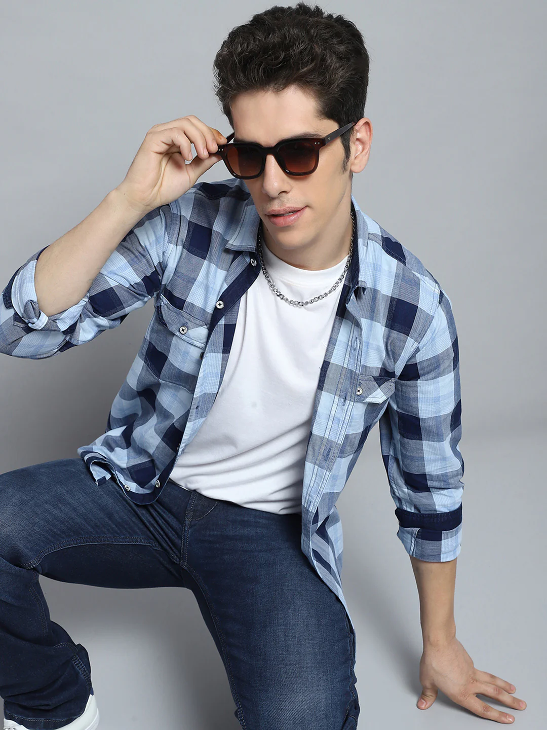 Men Blue Check Collar Full Sleeve Shirt - Image 6