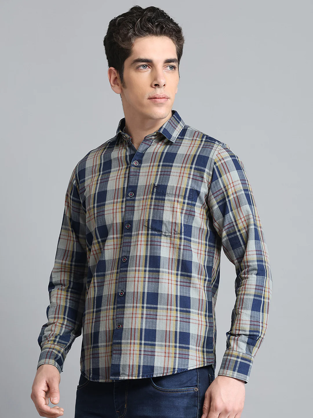 Men Blue Check Collar Full Sleeve Shirt - Image 3