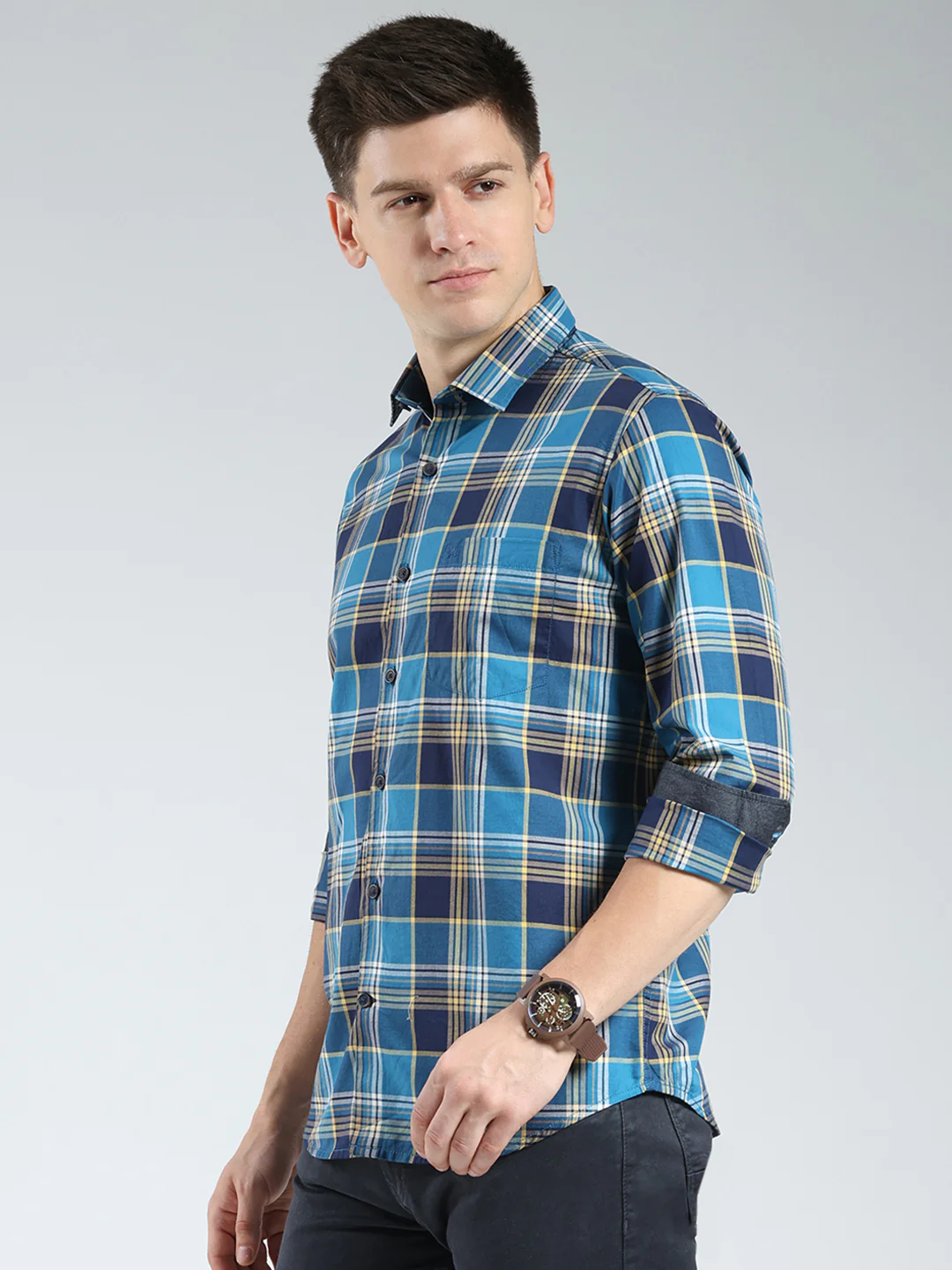 Men Blue Check Collar Full Sleeve Shirt - Image 3