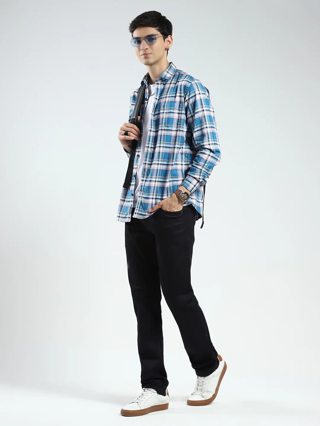 Men Blue Check Collar Full Sleeve Shirt - Image 2