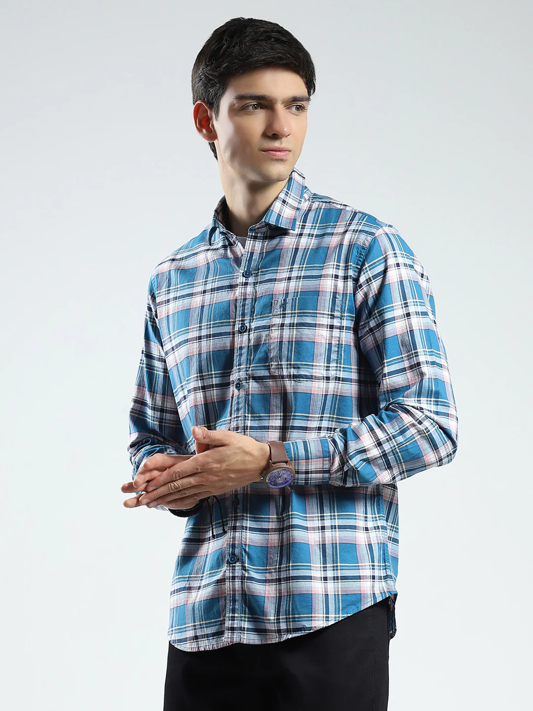 Men Blue Check Collar Full Sleeve Shirt - Image 3