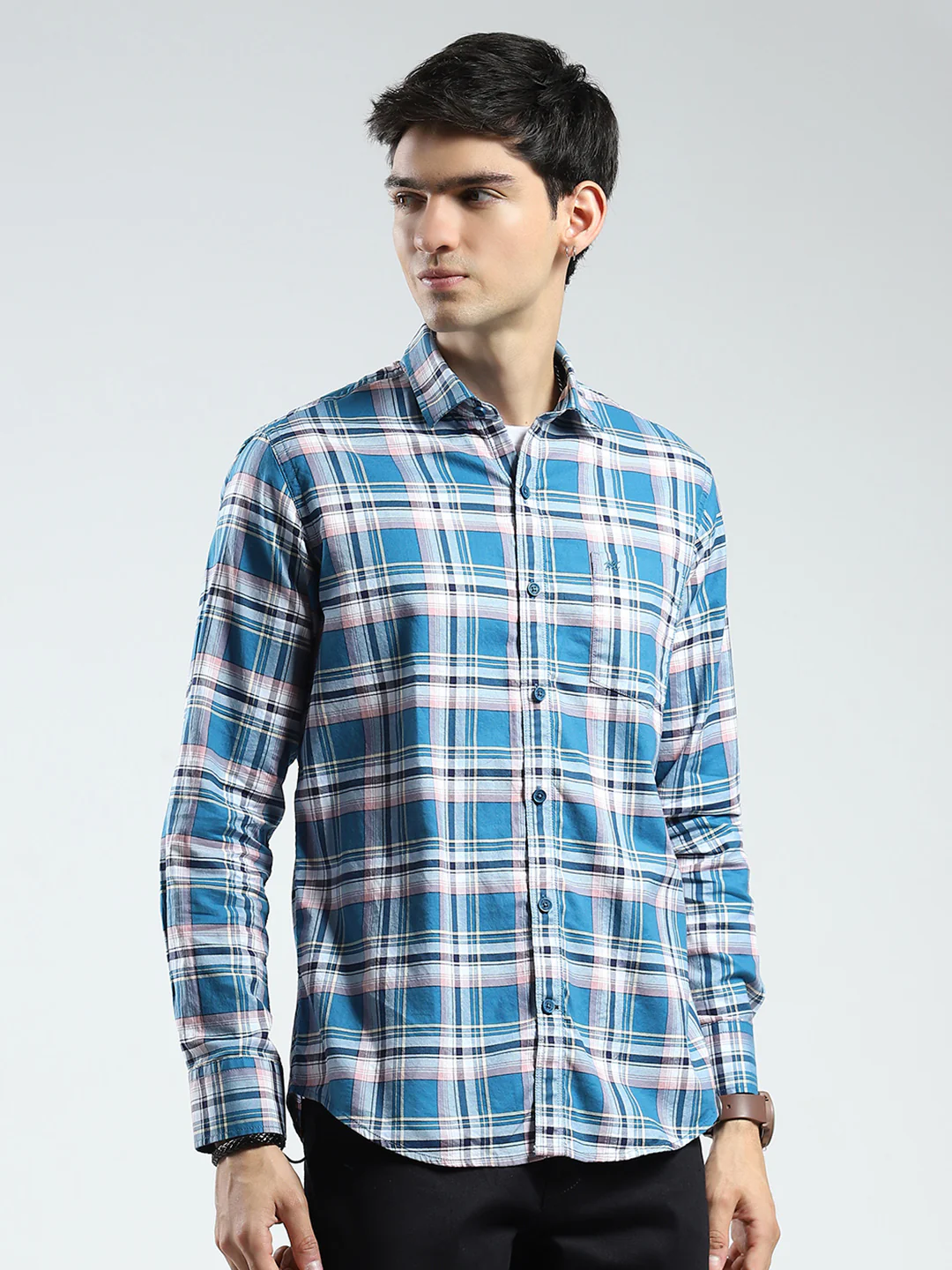 Men Blue Check Collar Full Sleeve Shirt - Image 4