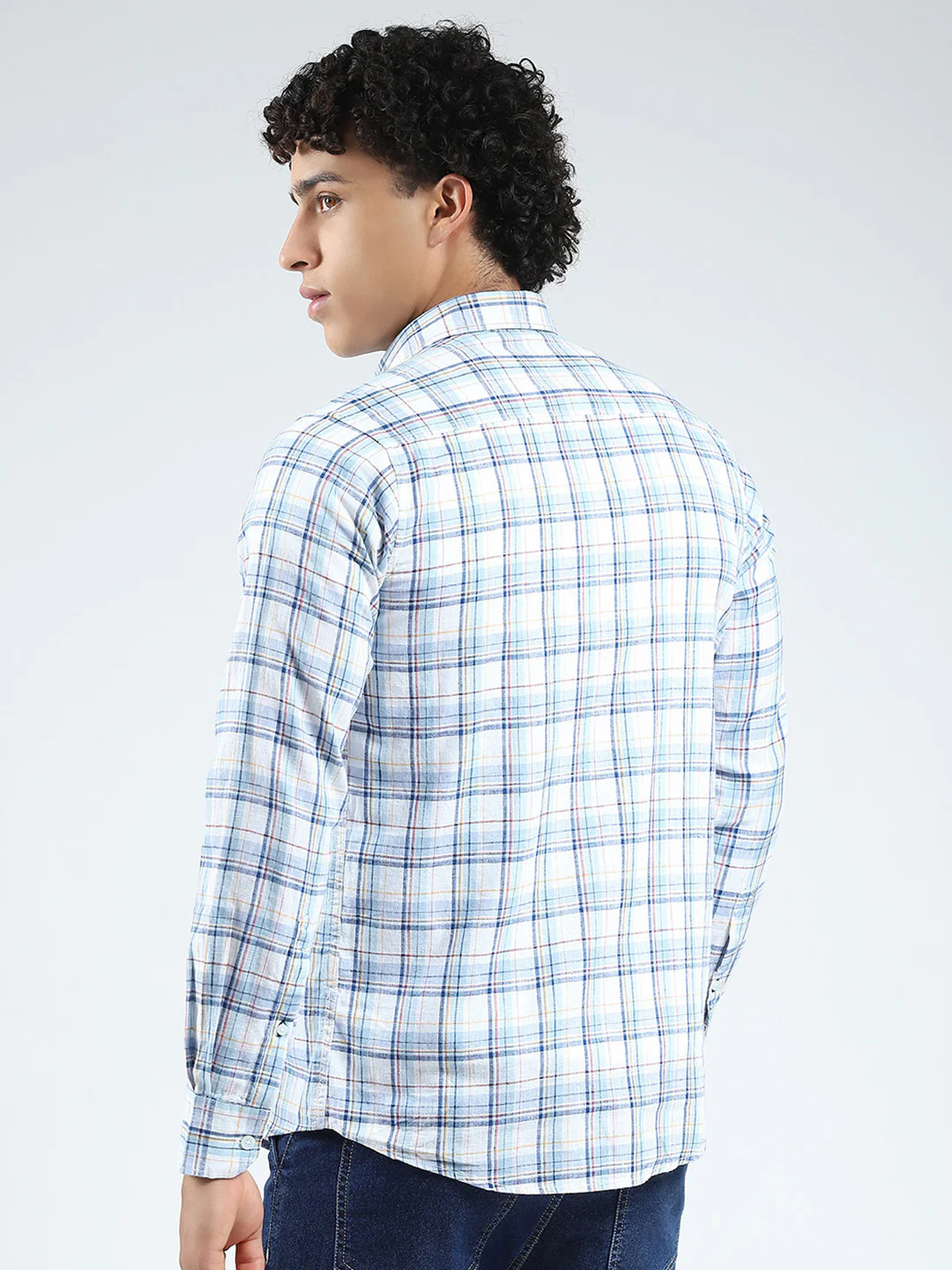 Men Blue Check Collar Full Sleeve Linen Shirt - Image 4
