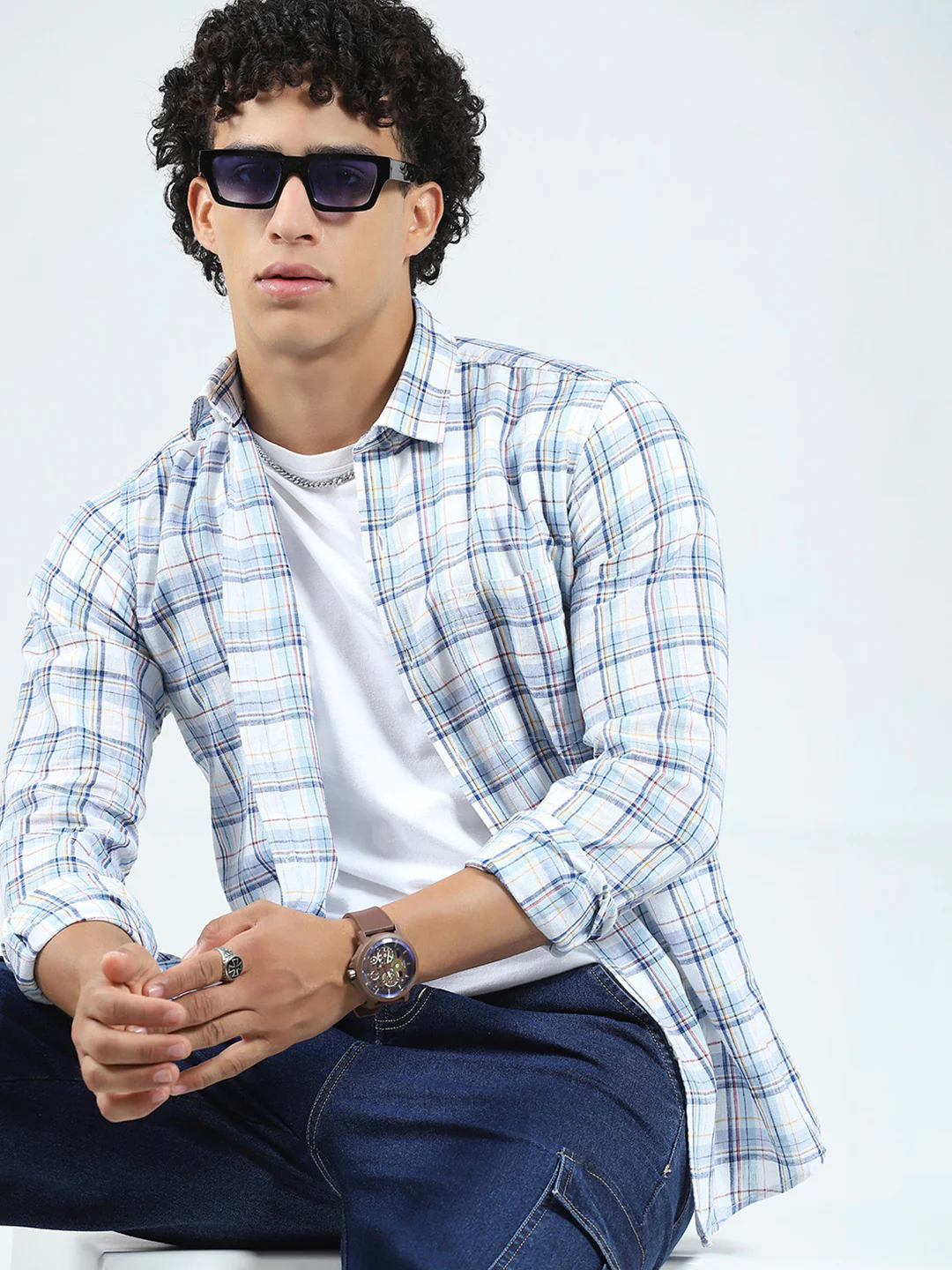 Men Blue Check Collar Full Sleeve Linen Shirt - Image 6