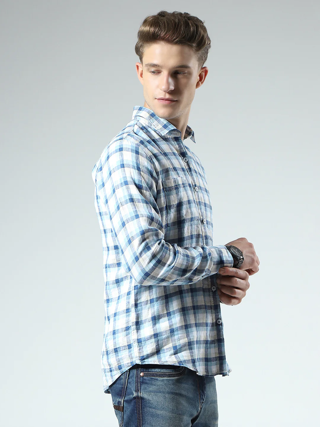 Men Blue Check Collar Full Sleeve Linen Shirt - Image 4