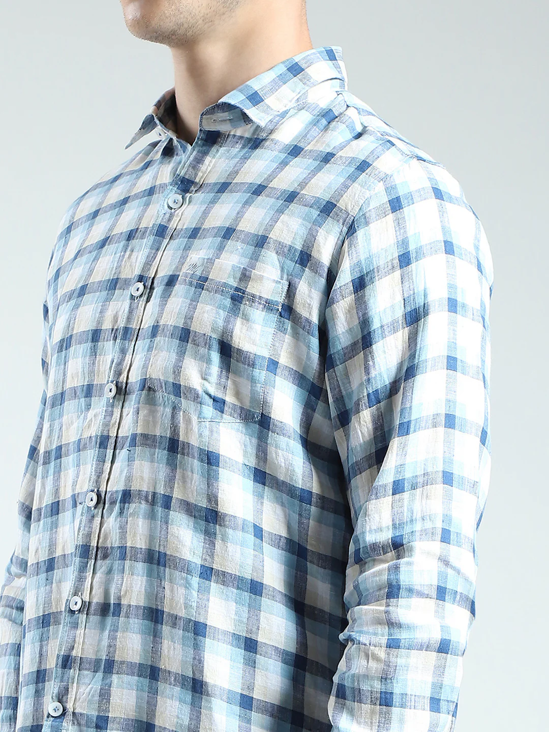 Men Blue Check Collar Full Sleeve Linen Shirt - Image 6