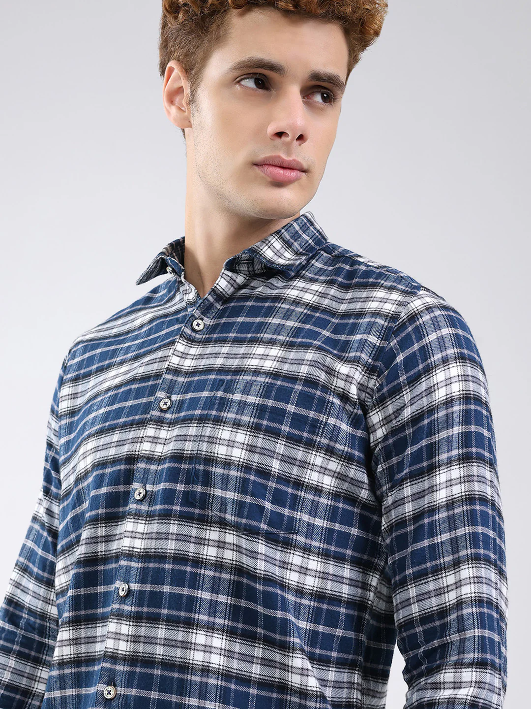 Men Blue Check Collar Full Sleeve Shirt - Image 6