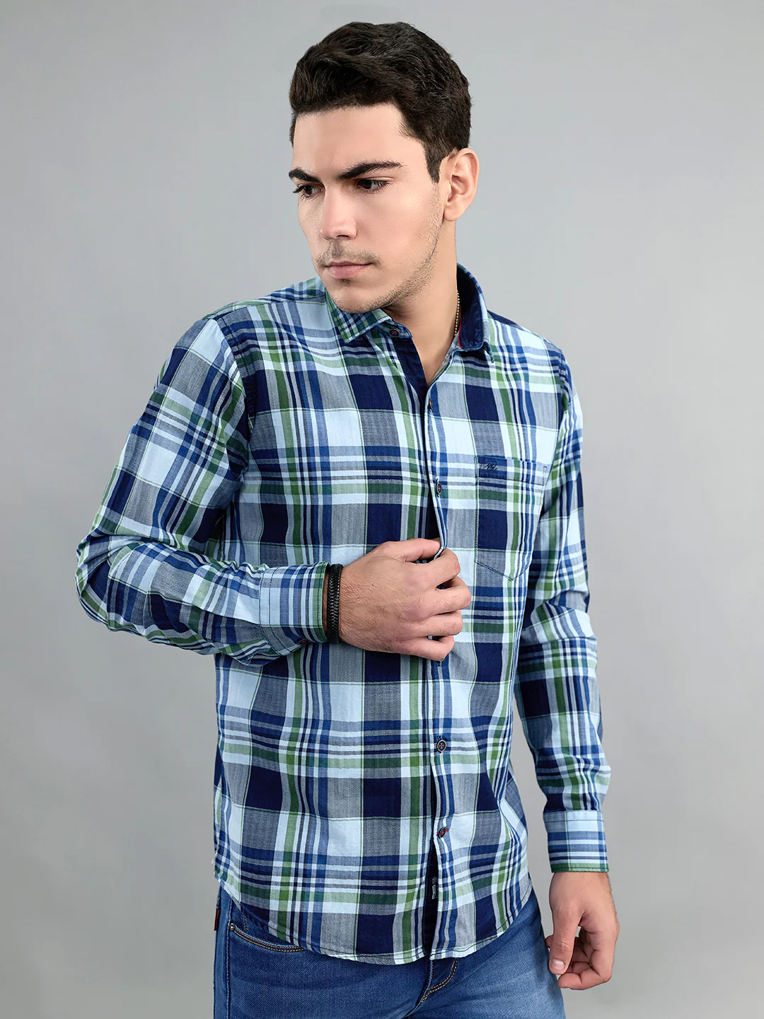 Men Blue Check Collar Full Sleeve Shirt - Image 2