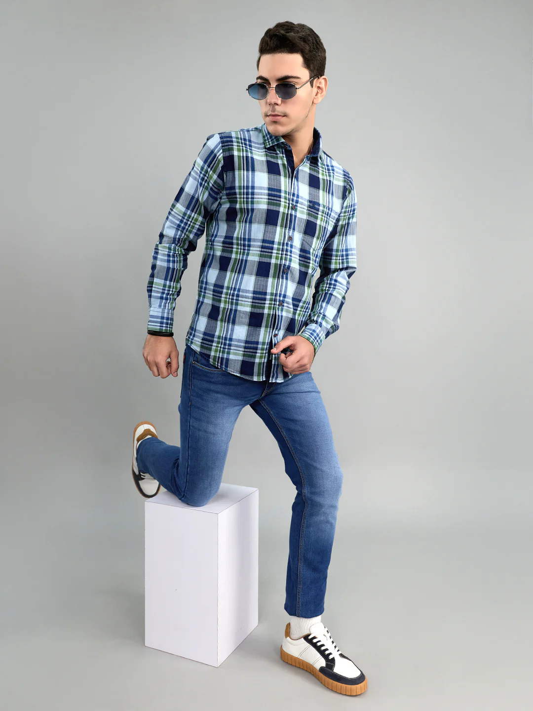 Men Blue Check Collar Full Sleeve Shirt - Image 6