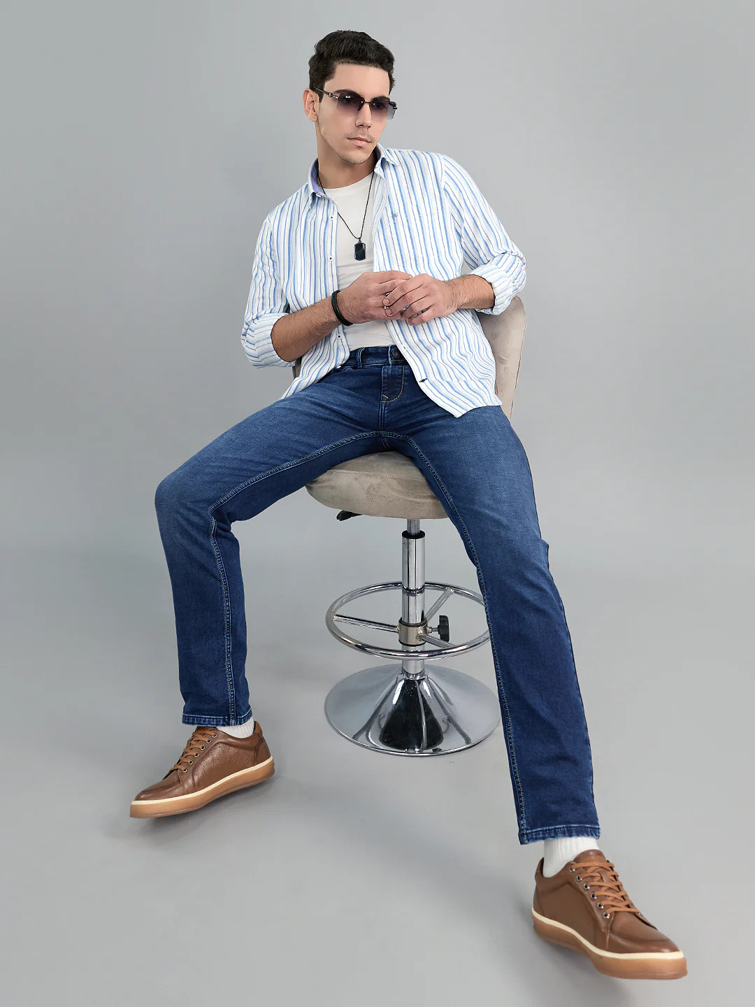 Men Blue Check Collar Full Sleeve Shirt - Image 6