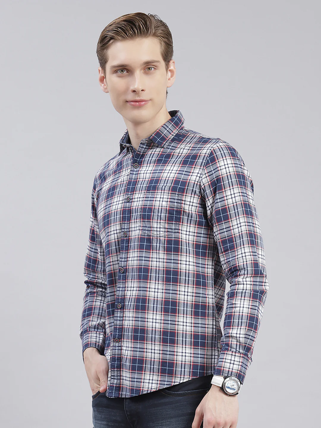 Men Blue Check Collar Full Sleeve Shirts - Image 3