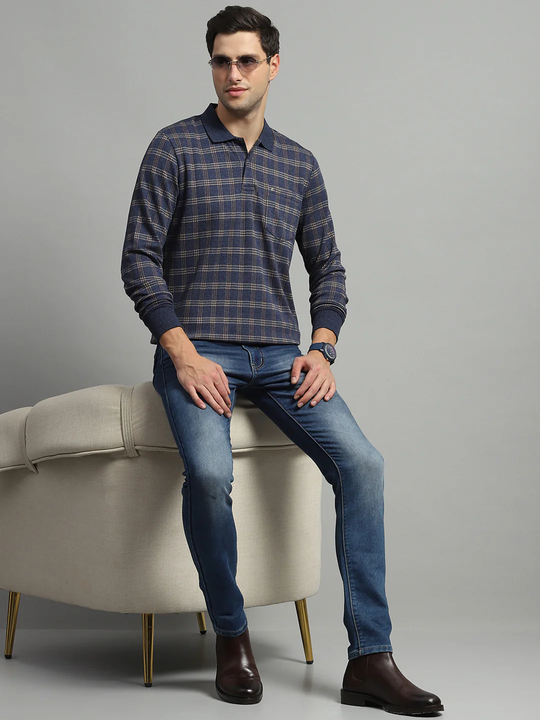 Luxuria Men Blue Check Collar Full Sleeve Winter T-Shirt - Image 2