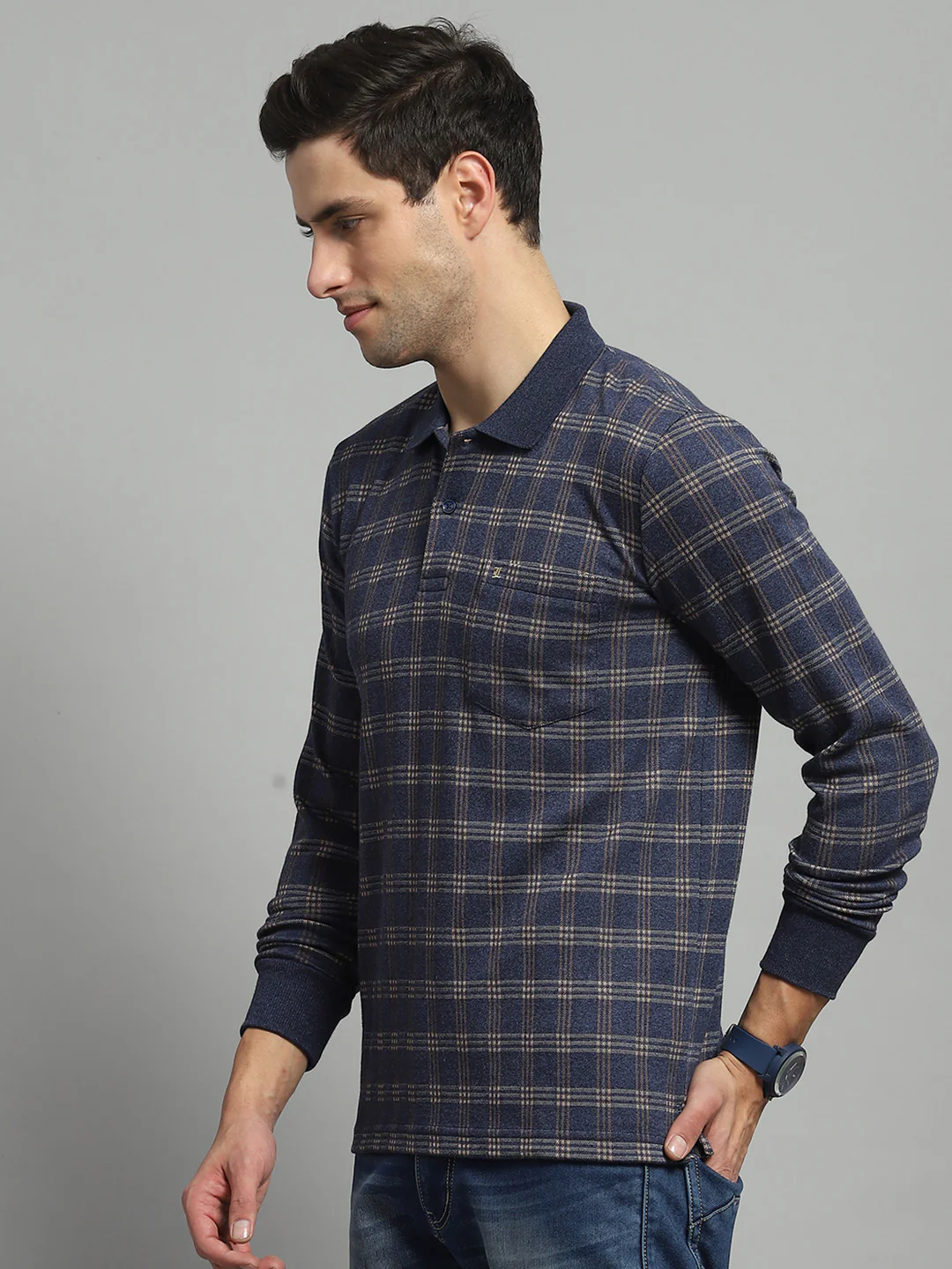 Luxuria Men Blue Check Collar Full Sleeve Winter T-Shirt - Image 3