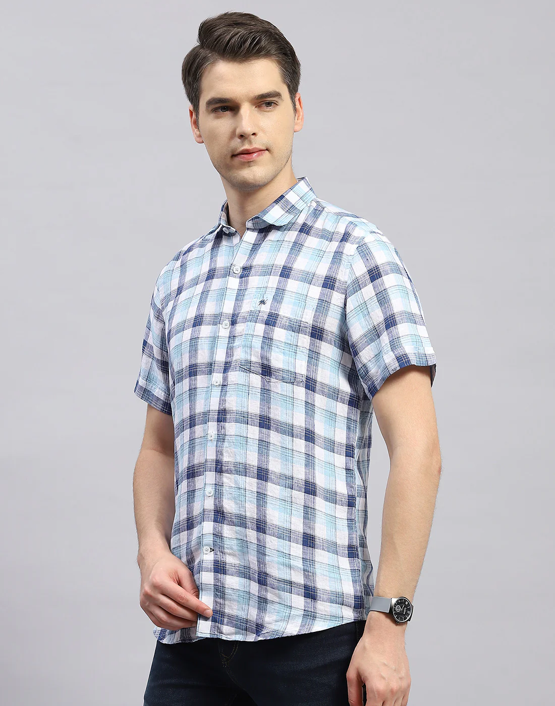 Men Blue Check Collar Half Sleeve Linen Shirt - Image 3