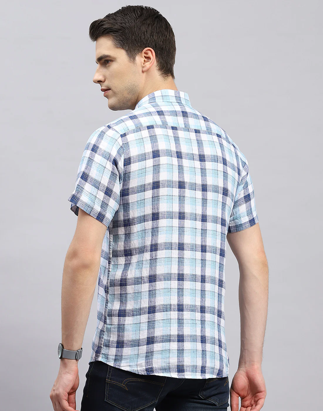 Men Blue Check Collar Half Sleeve Linen Shirt - Image 5