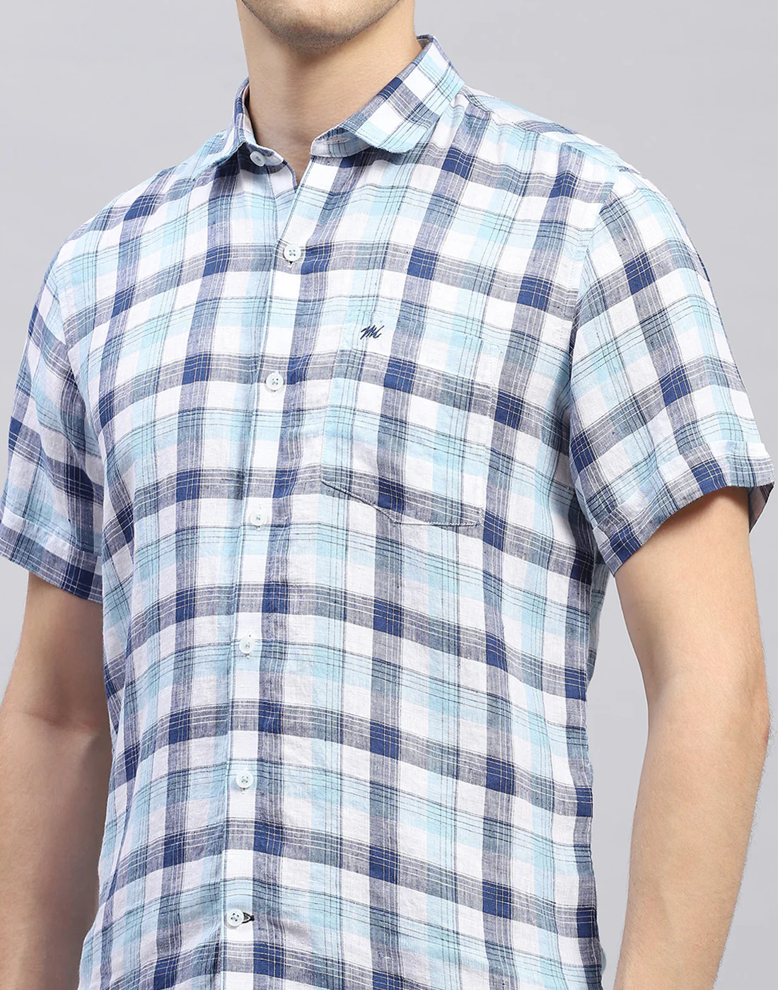 Men Blue Check Collar Half Sleeve Linen Shirt - Image 6