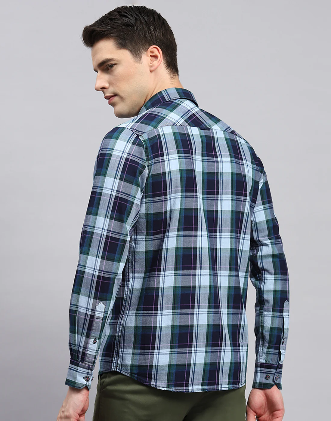 Men Blue Check Collar Neck Full Sleeve Shirt - Image 5