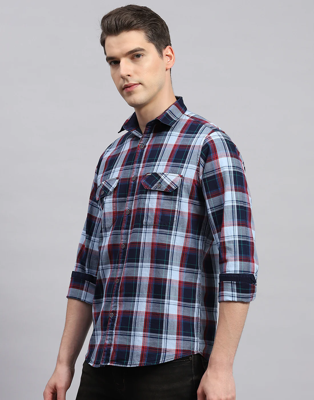 Men Blue Check Collar Neck Full Sleeve Shirt - Image 3