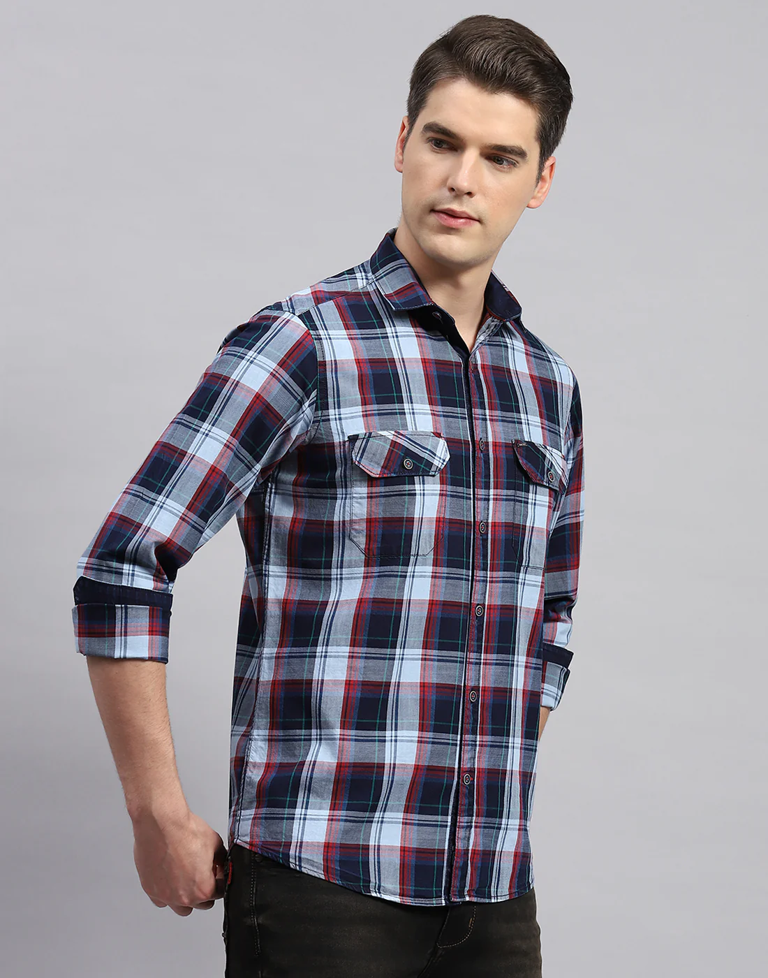Men Blue Check Collar Neck Full Sleeve Shirt - Image 4