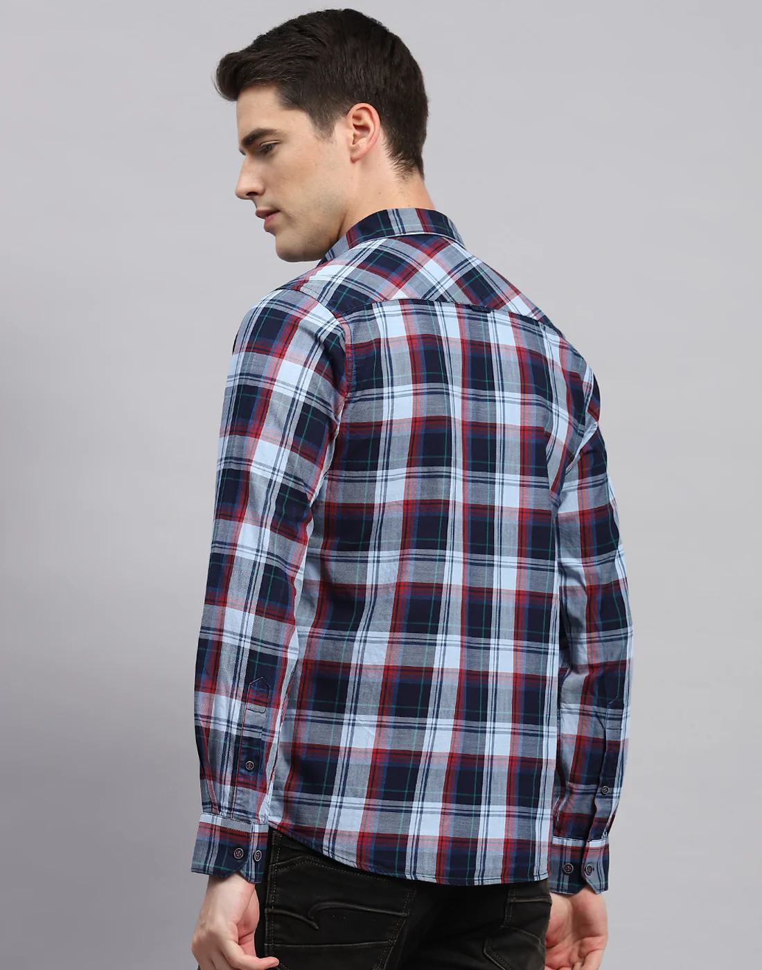 Men Blue Check Collar Neck Full Sleeve Shirt - Image 5