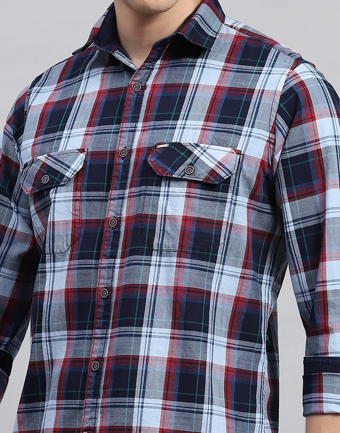 Men Blue Check Collar Neck Full Sleeve Shirt - Image 6