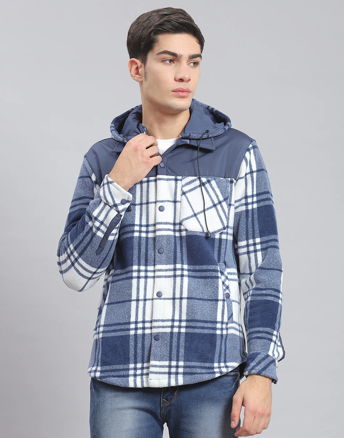 Men Blue Check Hooded Full Sleeve Shirt - Image 2