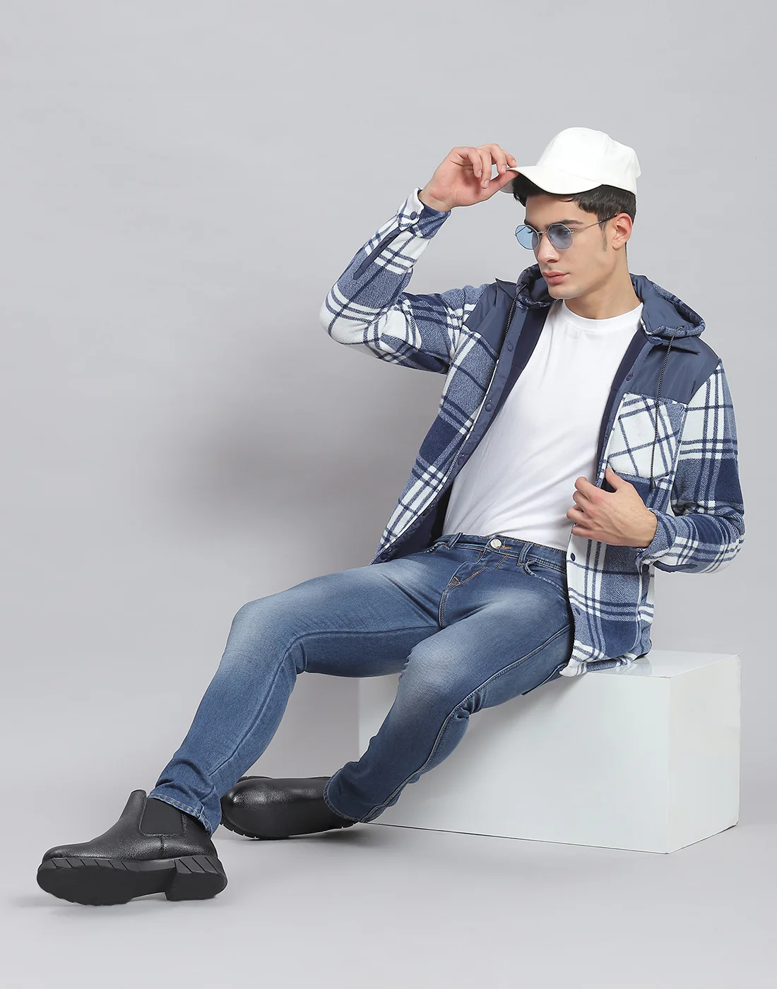 Men Blue Check Hooded Full Sleeve Shirt - Image 6
