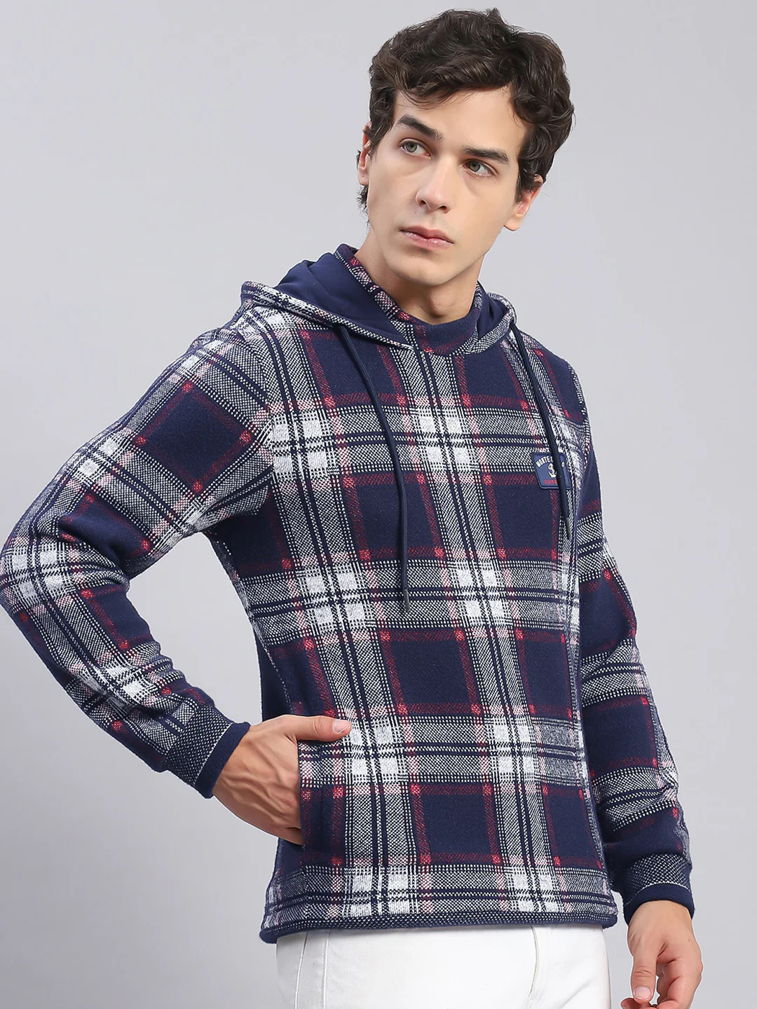 Men Blue Check Hooded Full Sleeve Sweatshirts - Image 4