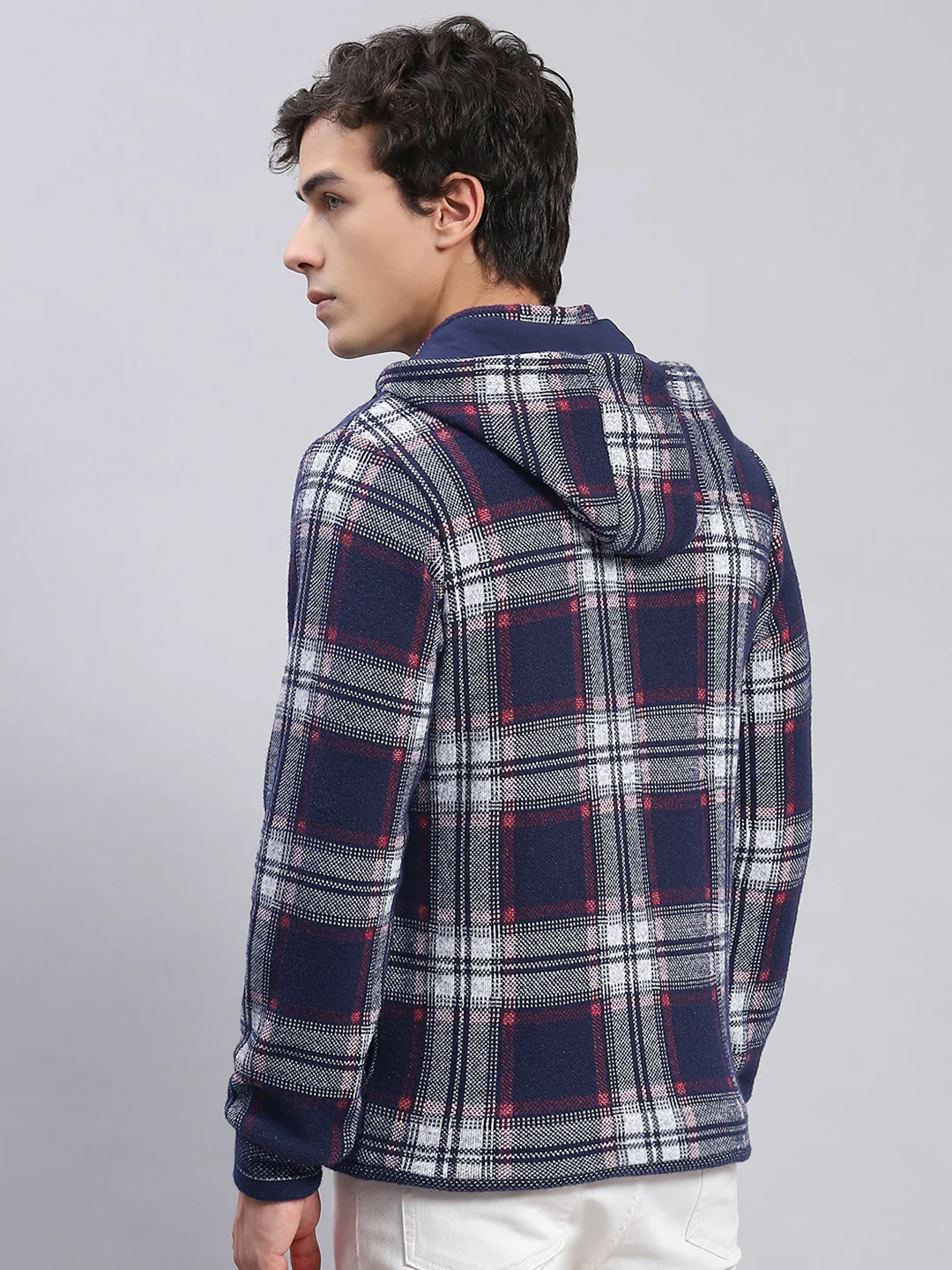 Men Blue Check Hooded Full Sleeve Sweatshirts - Image 5